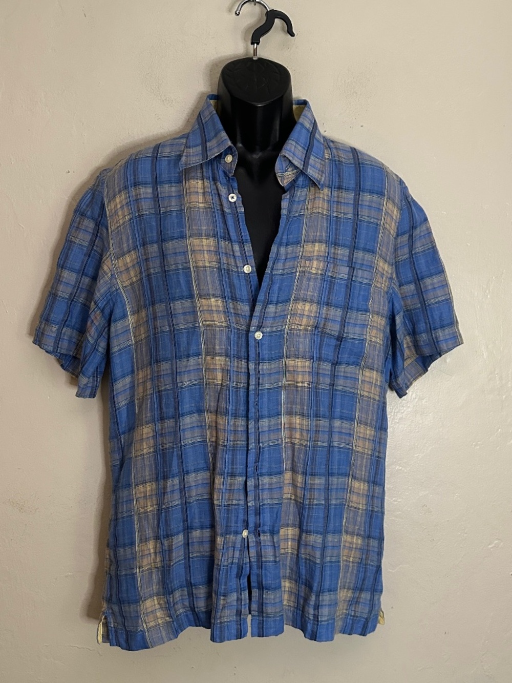 Saltaire Plaid Linen Short Sleeve Shirt Large Gently worn 21.5" armpit to armpit